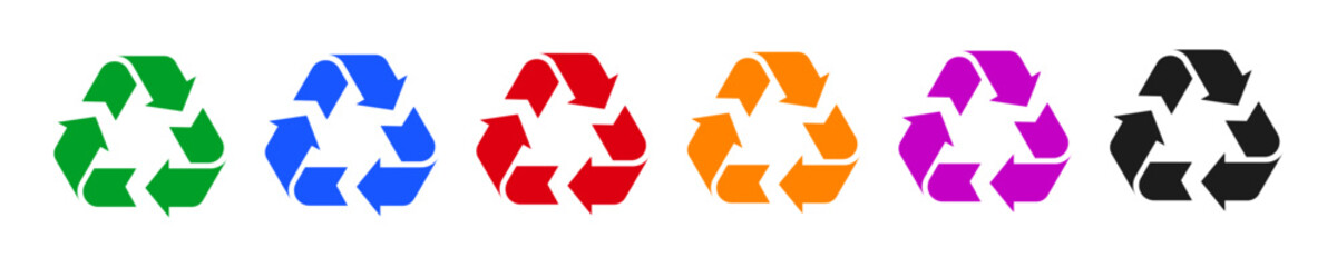 Recycle symbols for organic, paper, glass, plastic, mixed and metal waste, recycling waste signs