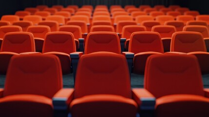 Fototapeta premium Rows of orange seats in a theater auditorium