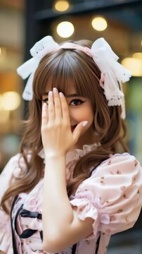 Portrait of a Woman in Lolita Fashion with Large White Ribbon and Frills