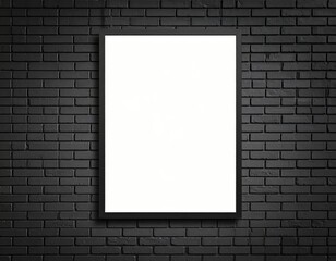 Framed blank canvas on a dark painted brick wall ready for art
