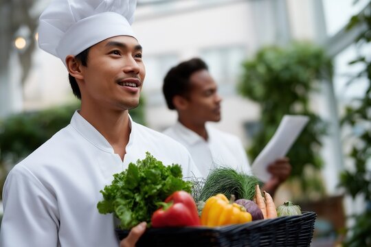 Asian male chef with fresh vegetables in greenhouse setting with african male colleague