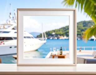 Framed Yacht View Coastal Luxury with Wine and Palm Fronds