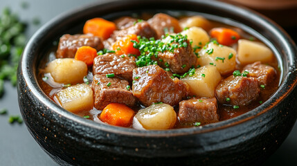 Traditional Filipino Bulalo — a hearty beef bone marrow soup with tender beef cubes, carrots, and potatoes in rich meat broth. Served alongside rice and bread on a bright white tabletop, perfect for a