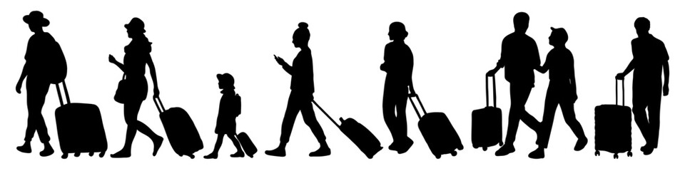 Silhouette of couple people walking with suitcase, luggage. Summer vacation and travel concept. Flat vector illustration isolated on transparent background.
