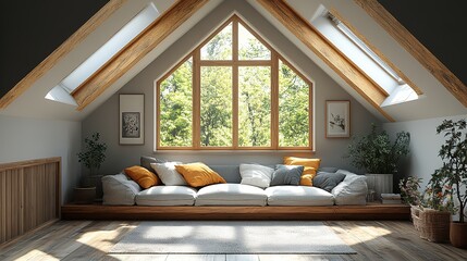 Rustic Attic Room with Triangular Window, Wooden Beams, Cozy Sofa, and Sunlit Green View – Serene Interior, Grey attic living room interior with sofa