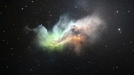 Fototapeta premium Vibrant cosmic nebula glows in vastness of space, surrounded by countless stars. nebula displays mix of green, orange, and white hues, creating mesmerizing celestial scene