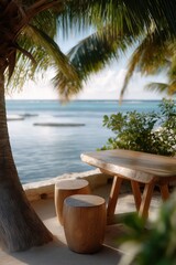 Tropical beachside seating with wooden table and palm trees