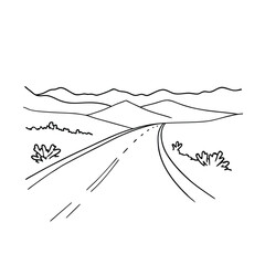 Hand-drawn illustration of a scenic winding road with mountains and simple natural landscape elements