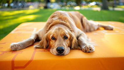 Golden retriever dog relaxing on orange pad outdoors