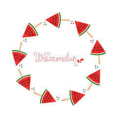 Obraz premium Watermelon round frame, summer. Banner, poster with hand lettering. Food slices. Sliced juicy fruits, berries. Cold dessert. Diet food, isolated background. Harvest.