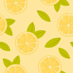 Seamless pattern of lemon slices with leaves on a yellow background. Lemon slices with mint leaves. Lemonade pattern