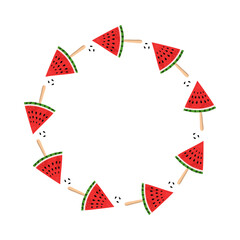 Obraz premium Watermelon round frame, summer. Banner, poster. Food slices. Sliced juicy fruits, berries. Cold dessert. Diet food, isolated background. Harvest.