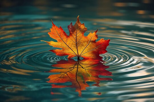 Autumn maple leaf floating on calm water