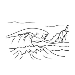 A detailed black and white illustration of a crashing ocean wave near rocky cliffs