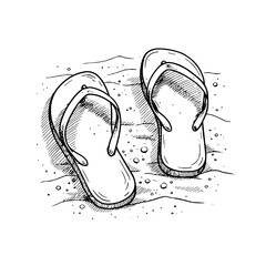 Hand-drawn flip-flops on sandy beach for summer vacation illustrations
