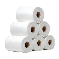 Stack of paper towels, clean white absorbent rolls arranged neatly, ideal for kitchen or cleaning tasks, with space for text. Isolated on white background or PNG