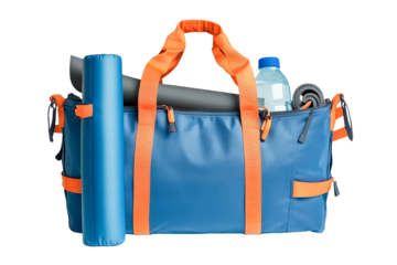 Blue gym bag with orange straps, yoga mat, and water bottle; transparent background