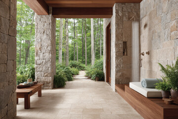 modern outdoor shower in rustic bathhouse or spa area surrounded by nature