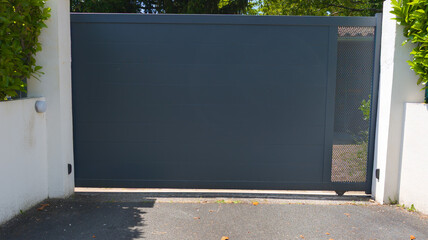 metal gate sliding grey high home fence on suburb street house slide gray  on facade