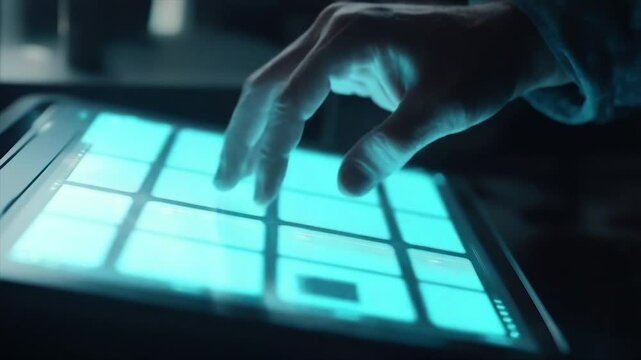 Close-up of a hand interacting with a glowing touchscreen music pad