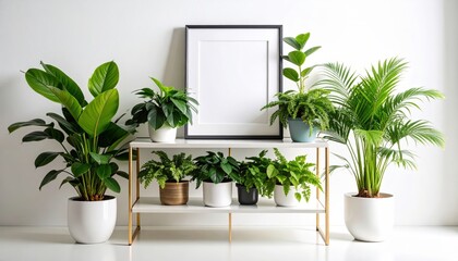 Indoor plant collection with blank frame on a white and gold display shelf