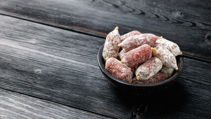 Mini Salami Snacks in bowl. Salami Appetizer Bites. Healthy food