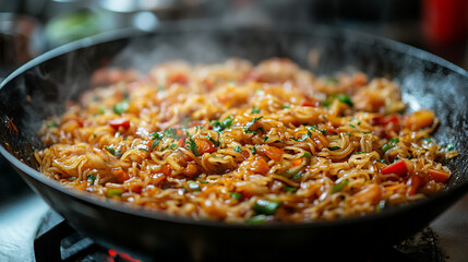 Close-up of delicious stir-fried noodles with vibrant colorful vegetables sizzling in a wok. Fresh bell peppers, carrots, green beans, and onions tossed with savory sauce, highlighting the appetizing 