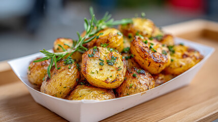 Golden roasted potatoes with fresh rosemary garnish on wooden tray