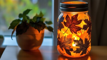 Autumn Mason Jar Lantern with Leaves