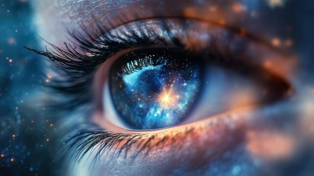 Close Up Of A Human Eye Reflecting A Vibrant Galaxy With Bright Stars And Cosmic Dust