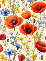 Fototapeta premium Delicate seamless floral composition featuring watercolor red poppies, blue cornflowers, white chamomile and yellow field flowers on a vintage beige background. Great for surface design and packaging.
