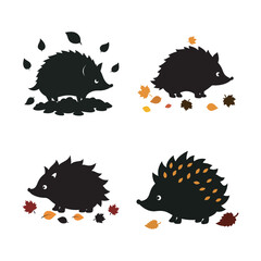 Hedgehog Walking Through Autumn Leaves Silhouette