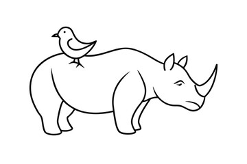 Continuous line drawing of rhinoceros with birds