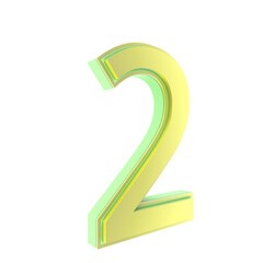 Shiny number two in yellow and green tones isolated on white.