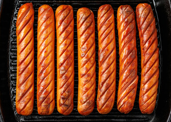 Grilled sausages served in a rustic cast iron pan