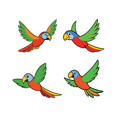 Set of flying colorful parrot vector art illustration