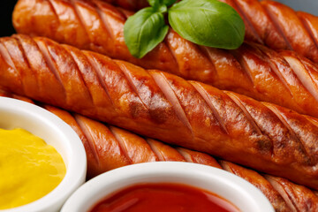 Grilled sausages served with mustard and ketchup