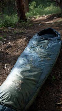 Blue camping sleeping bag laid out on forest ground near hiking path, outdoor lifestyle, wilderness gear, and adventure travel equipment concept
