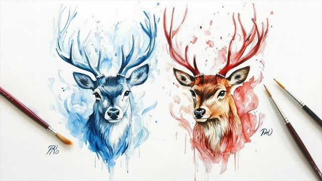 Two deer portraits, one blue, one red, in watercolor style, with splatter effects