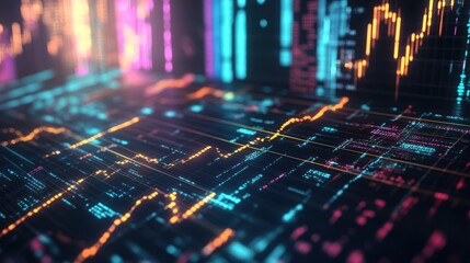 Obraz premium Abstract Digital Data Visualization: Neon Stock Market Graphs & Binary Code