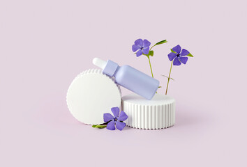 bottle of essential oil with a pipette and periwinkle flowers on a white podium on a purple background. The concept of skin care using natural cosmetics