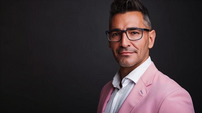 perfectly composed portrait of a businessman wearing glasses and a sleek pink e suit 