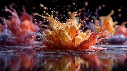 Bold splash of paint on a black surface creating a striking contrast and dynamic visual impact with vivid colors