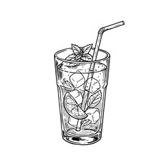 Mojito cocktail glass with ice, lime, and mint illustration for refreshing summer drinks