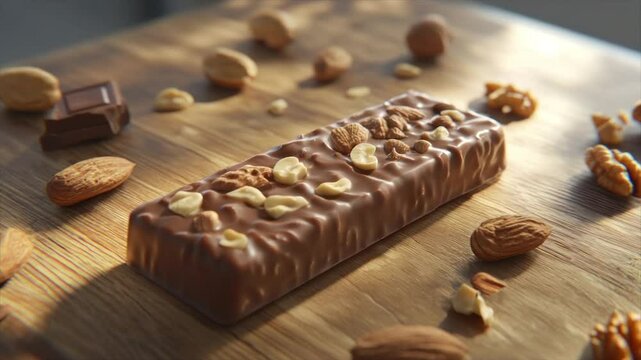 Chocolate nut bar on a wooden surface, surrounded by nuts and chocolate pieces