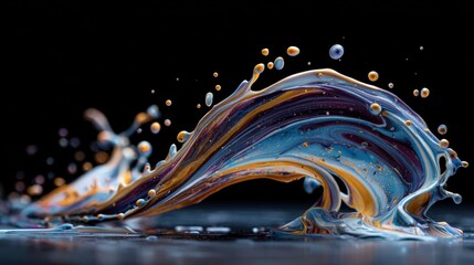 Liquid splashes dramatically on a black surface creating a striking visual display of motion and artistic energy
