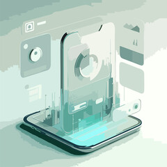 A stylish 3D glassmorphism user interface illustration featuring floating translucent UI elements, including profile icon, settings panel, smartphone, and data charts. Set against a soft white and min