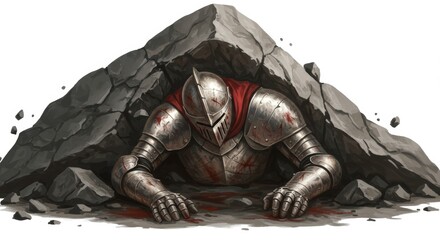 Stricken knight pinned beneath rocks endures adversity with grim resolve