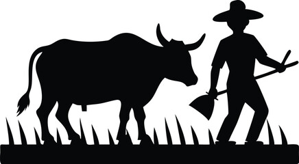 Farmer and Ox Silhouette in Field – Traditional Farming Illustration for Agriculture Concepts