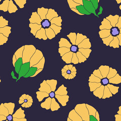 Hand drawn seamless floral pattern, Naive whimsical print for textile, home decor